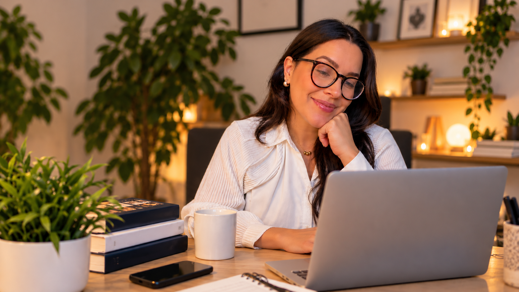 Teacher G smiling at her desk in a cozy home office, ready for a lesson