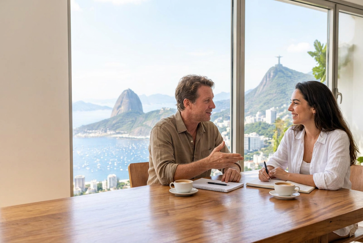 A man and woman enjoying a Portuguese lesson with Rio de Janeiro in the background