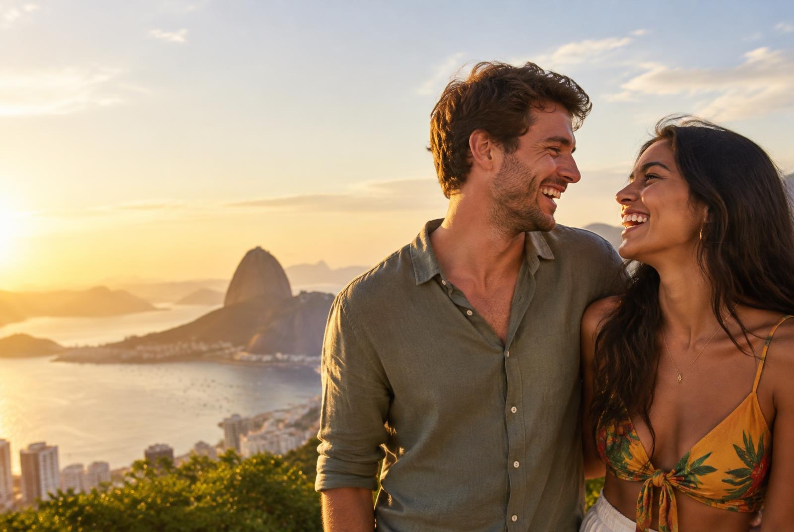 A happy American man and a Brazilian woman laughing together with Rio de Janeiro in the background